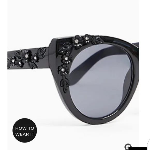 ๐ BLACK FLORAL RHINESTONE CAT EYE SUNGLASSES - Picture 2 of 7